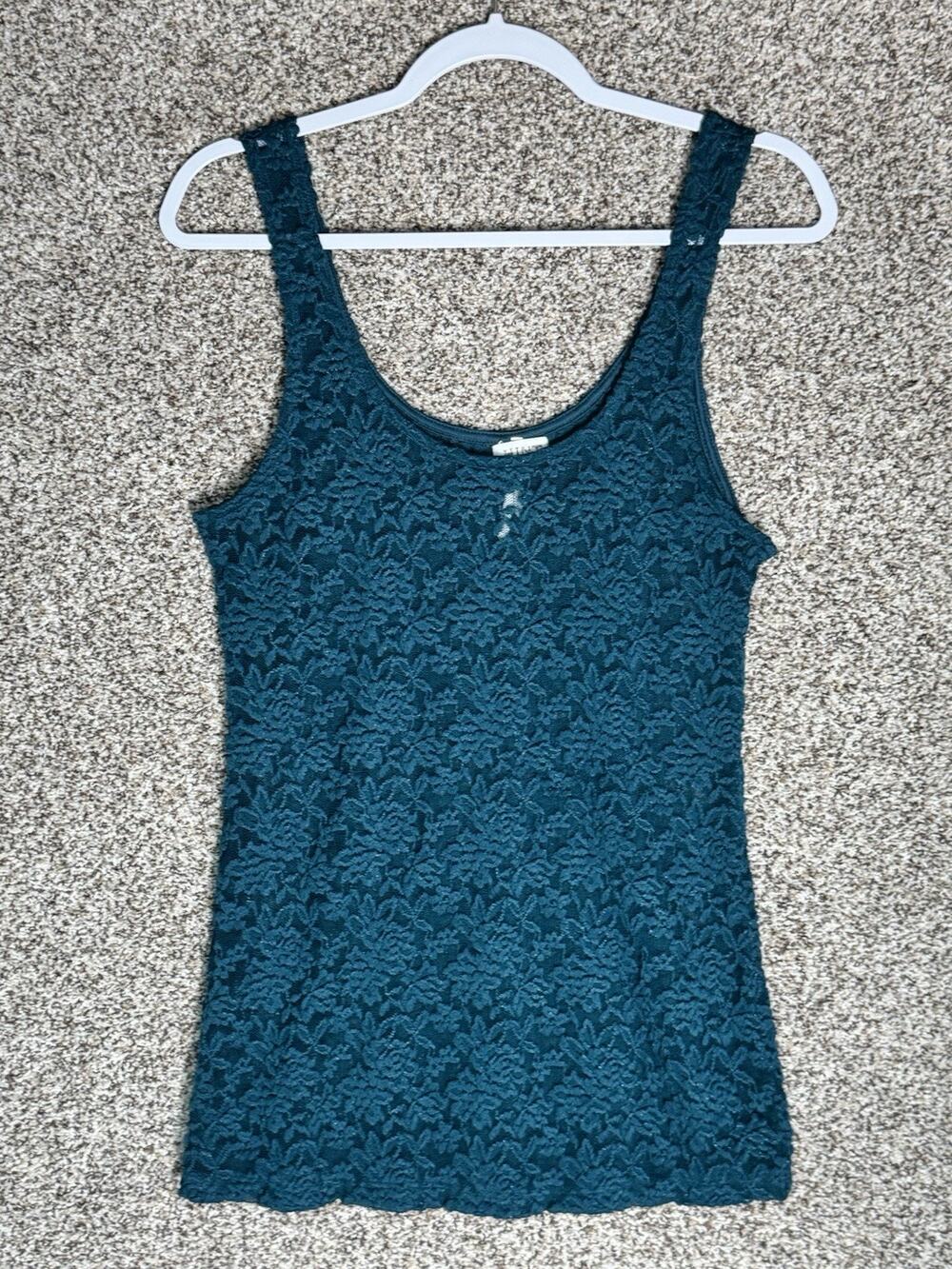 Vtg Y2K Green Lace Sheer Floral Tank Top Sz L Romantic Boho Fairycore Layering